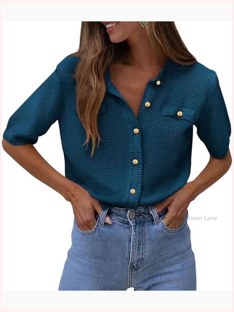 Women's Casual Button Down Cardigan Short Sleeve Ribbed Knit Blouse Top